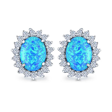Halo Oval Stud Earrings Lab Created Blue Opal Simulated CZ 925 Sterling Silver (13mm)